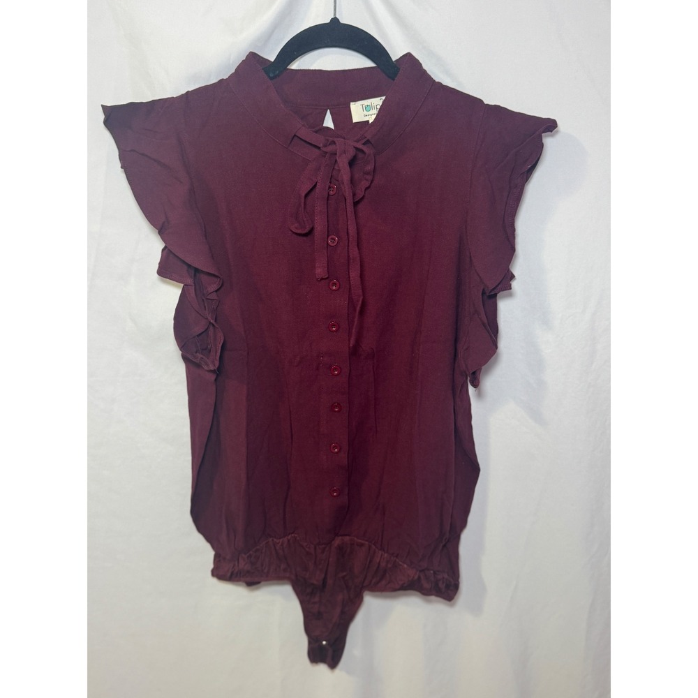 Burgundy Ruffle Bodysuit XL Romantic Balletcore Tie Neck Tulip B NWT